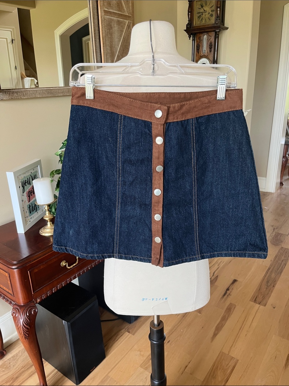 Denim Western Cowgirl Skirt Snaps Faux Suede Trim Indigo Rein Womens Small